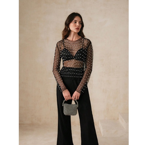 Beaded Black Sheer Mesh Long Sleeve Shirt with Faux Pearls and Sparkles - Picture 5 of 10